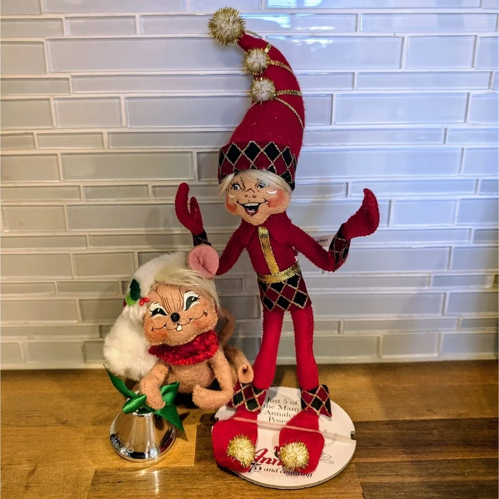 Annalee Red Harlequin Elf 2007 & Jingle Bell Girl Mouse Shelf Sitter Bendable